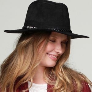 (REDUCED) BLACK FAUX SUEDE PANAMA HAT WITH ANTIQUE BEADING DETAIL